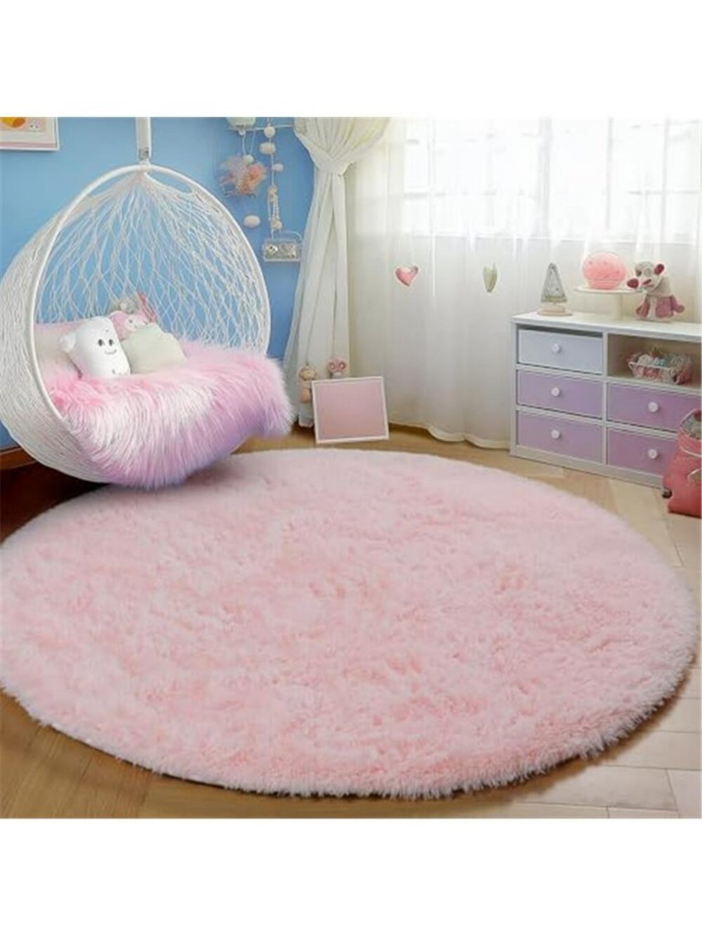 Pink Round Rug 4Ft for Girls Room Kids Bedroom, Fluffy Shaggy Soft